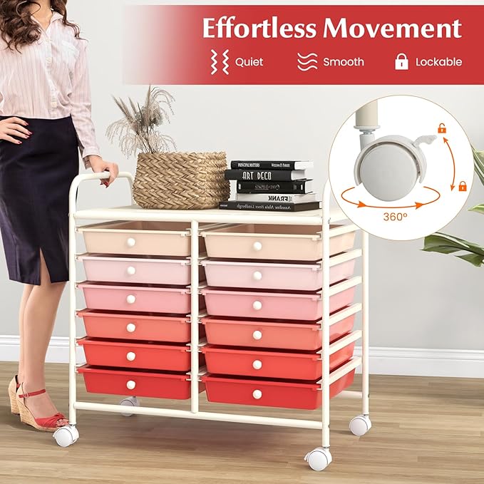 GOFLAME 12-Drawer Rolling Storage Cart, Multifunctional Art Craft Organizer Cart, Mobile Utility Storage Cart with Removable Drawers & Lockable Wheels, Craft Cart for Home Office School, Pink Gradient