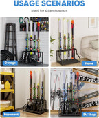 Ski Storage Rack for Garage — Freestanding Ski Holder for 4 Pair Skis, Boot, Helmet, Goggles, Indoor Snowboard Rack Organizer Stand for Home, Shed, Basement, Black