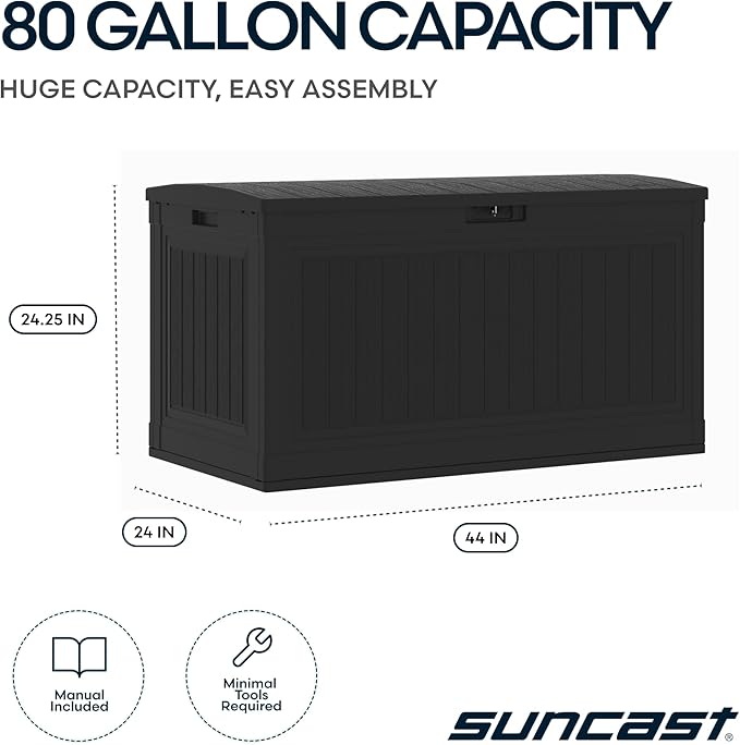 Suncast 80-Gal. Resin Large Outdoor Patio Deck Box with Pad-Lockable Lid, Modern Outdoor Patio Bench/Storage Box for Cushions, Garden Tools, and More, Iron Ore