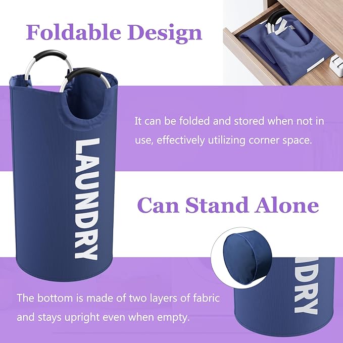 Set of 2 Large Laundry Baskets for Adult, 95L Collapsible Laundry Baskets with Aluminum Handles, Portable Dirty Clothes Hampers for Bedroom, Travel, Purple + Navy Blue