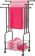42.5" H Free Standing Towel Rack, 3-Tier Reinforced Alloy Metal Towel Racks for Bathroom with Wheels and Storage Basket, Large Size Pool Towel Rack Outdoor, Multi-Use Blanket Drying Stand