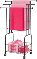42.5" H Free Standing Towel Rack, 3-Tier Reinforced Alloy Metal Towel Racks for Bathroom with Wheels and Storage Basket, Large Size Pool Towel Rack Outdoor, Multi-Use Blanket Drying Stand