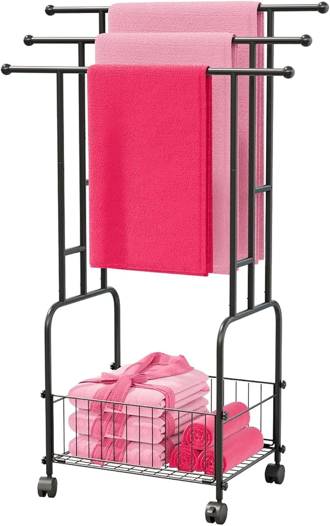 42.5" H Free Standing Towel Rack, 3-Tier Reinforced Alloy Metal Towel Racks for Bathroom with Wheels and Storage Basket, Large Size Pool Towel Rack Outdoor, Multi-Use Blanket Drying Stand
