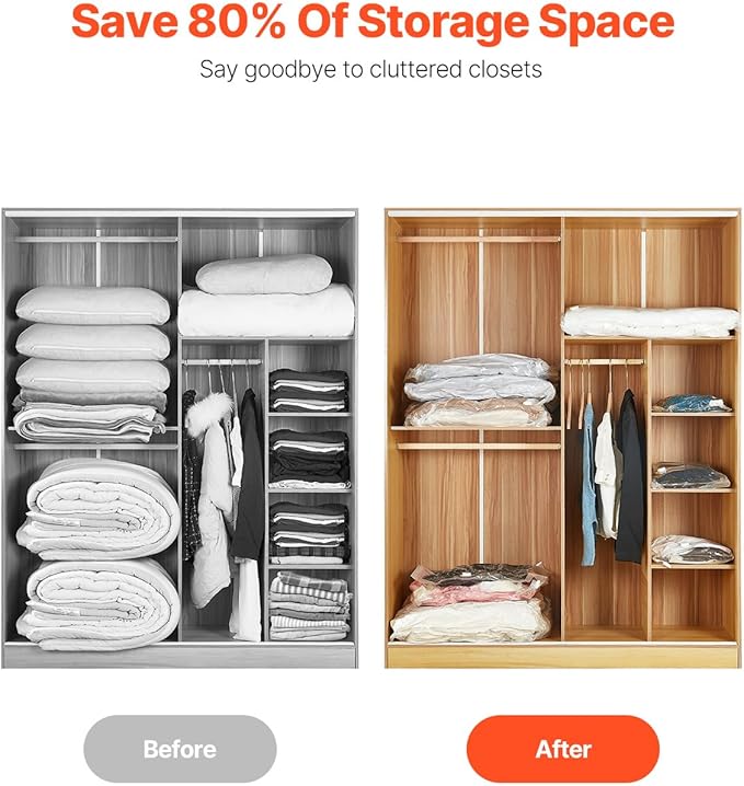 VEVOR Vacuum Storage Bags, 10 Jumbo Space Saver Vacuum Seal, Compression Airtight Space Bags, Zipper Sealer Bags for Clothes, Bedding, Blanket, Pillows, Comforters, Travel (Hand Pump Included)