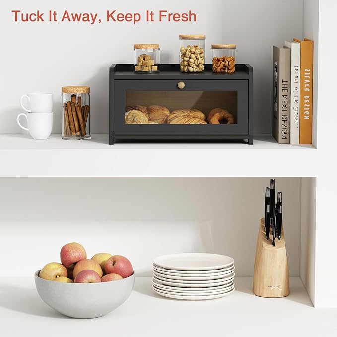 Black Bread Box for Kitchen Countertop, Small Vintage Counter Top Breadbox, Homemade Bread Storage Container for Sourdough Loaf, Farmhouse Wooden Corner Kitchen Counter Organizer for Cabinet