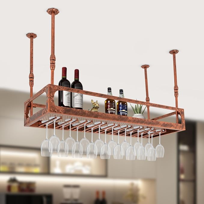 Industrial Wine Rack Ceiling Mounted, 110 lbs Heavy Duty, Adjustable Height, Holds 27 Glasses, Vintage Iron Floating Shelf for Kitchen, Bar, Restaurant (Copper-Colored)