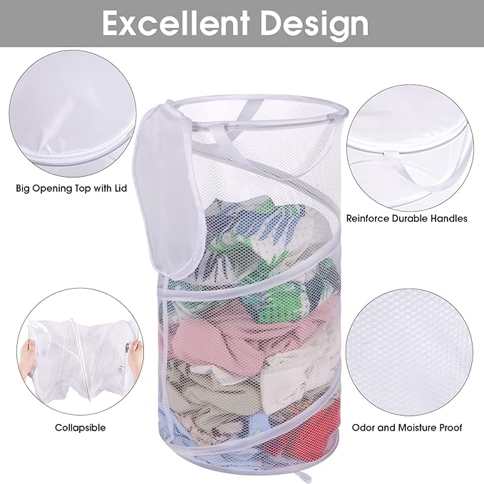 BATTOO Collapsible Laundry Basket with Lid Foldable Mesh Pop Up Hamper with Handles for Laundry Room, Bathroom, Kids Room, College Dorm, Travel, Storage Organizer White
