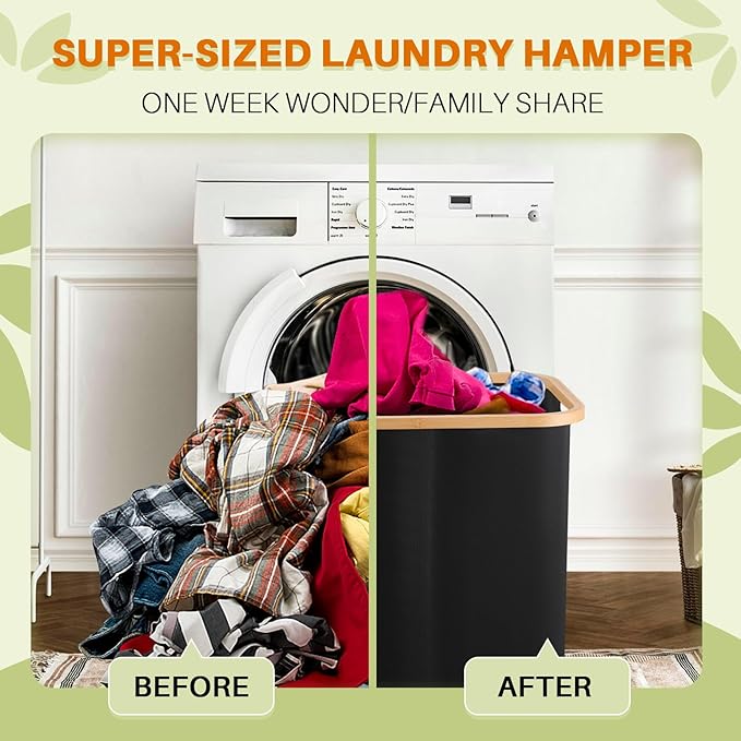 Laundry Hamper 3 Section, 145L Dirty Clothes Hamper with Lid, Extra Large Laundry Basket Organizer with Removable Inner Bags & Labels for Laundry Room, Bedroom, Black