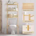 3 Tier Over The Toilet Organizer Rack Bamboo, Freestanding Bathroom Toilet Storage Shelf, Space Saving and Easy to Install, Adjustable Feet, Adjustable Bottom Rod
