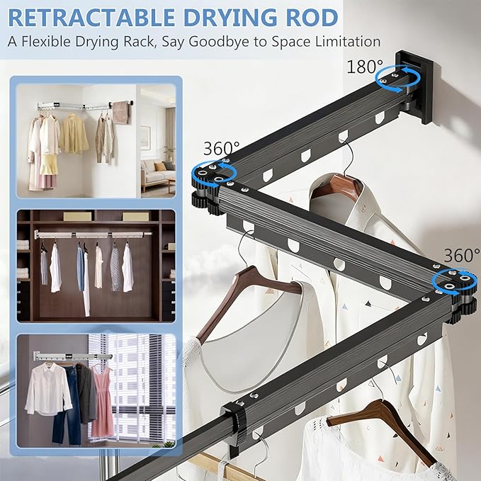 Clothes Drying Rack, Upgrade 3-Fold Wall Mounted Drying Rack Clothing, Laundry Space Saver Retractable Collapsible for Indoor Outdoor Balcony,Laundry,Bathroom, Grey