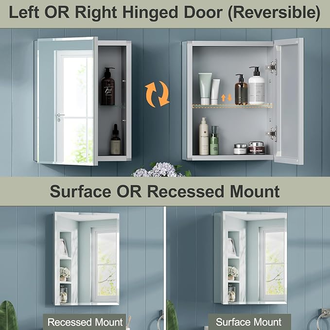 16x20 Inch Beveled Bathroom Medicine Cabinet with Mirror, Assembly Needed, Recessed or Wall Mount, 1 Adjustable Tempered Glass Shelf, Aluminum Medicine Cabinet, Side Mirror, Reversable Door