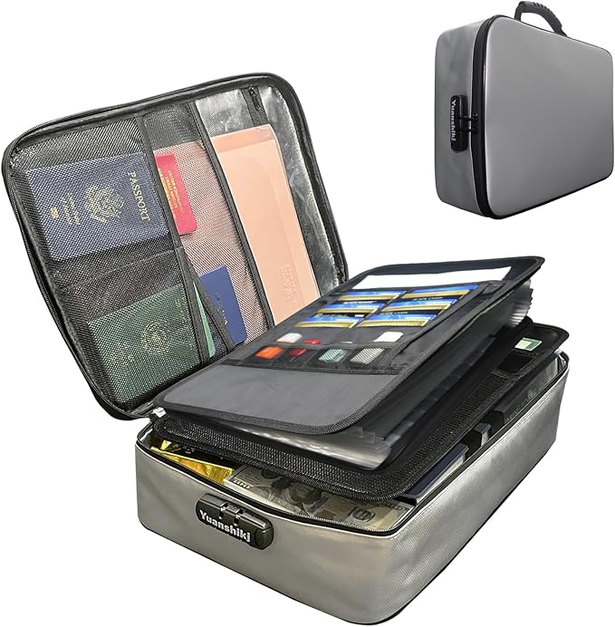 Yuanshikj Heat Insulated Fireproof Waterproof Safe File Organizer,Document Organizer Box with Lock Labels,Multi-Layer Portable Home Travel Safe Storage Box for Important Documents (Grey)
