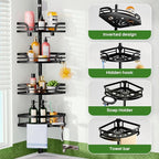 HAMITOR Shower Caddy Tension Pole: Rustproof Bathroom Corner Shelf for Renters, 47-121inches Adjustable Organizer with Soap Holder-Large Capacity Rack for Shampoo Storage Home Accessory - Black