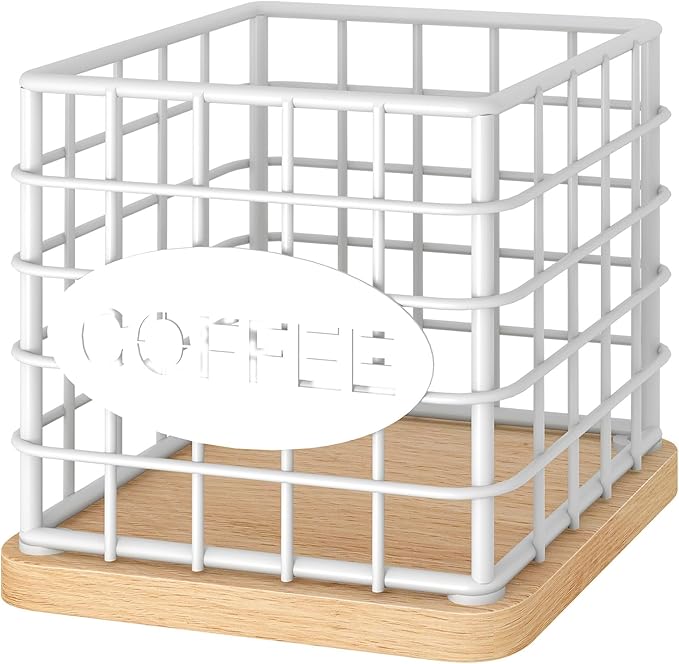 Coffee Pod Holder for K Cup, Large Capacity Coffee Pod Organizer, Versatile Coffee Capsule Storage Basket with Wooden Base, White KH10WN