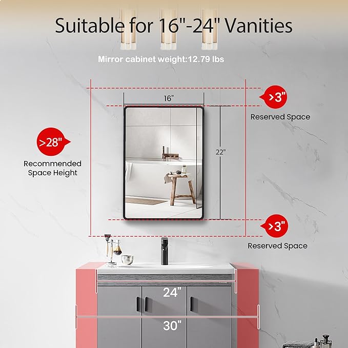 Medicine Cabinet with Mirror, 16x22 inch Black Recessed Medicine Cabinet or Surface Wall Mount Bathroom Cabinets with Adjustable Shelves Metal Framed Mirror, Rounded Rectangle Storage Cabinet