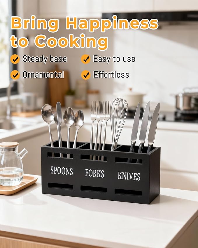 Kitchen Utensils Holder for Counter, Wooden Utensil Organizer for Storage Cooking and Silverware, Black Cooking Utensil Storage Box for Countertop,Wood Organizer with 3 Compartments,Rustic Minimalist.