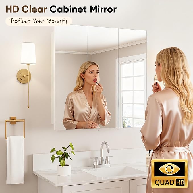 Antok 24x24 Inch Medicine Cabinet with Mirror, Wall Mounted Bathroom Mirror Cabinet, Wooden Medicine Cabinet Mirror, Recessed or Surface, White