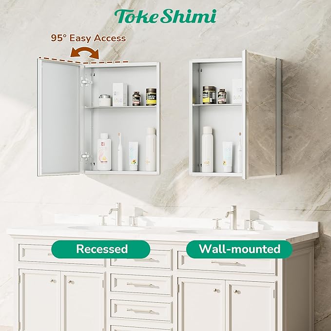 TokeShimi 14 x 18 Recessed Medicine Cabinet with Mirror, Assembly Required, Silver Medicine Cabinet for Bathroom, Tempered Beveled Mirror, Stepless Adjustable Shelves, DTC Hinge