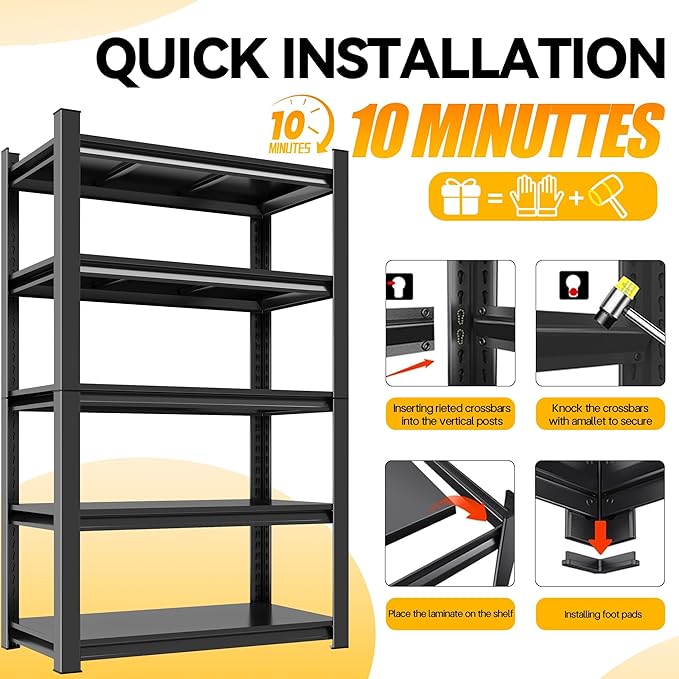 Garage Shelving, 72" H x 45" W Heavy Duty Metal Shelves, 5-Tier Shelving Units and Storage, Easy to Assemble, Adjustable, Black, for Garage, Basement, Pantry & Warehouse, 16" D