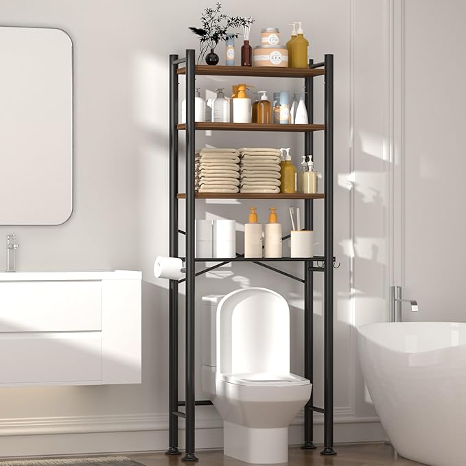 4-Tier Over-The-Toilet Storage Rack, Bathroom Organizer Shelf Over Toilet with Adjustable Shelf, Freestanding Space Saver Bathroom Shelves Above Toilet for Room (Black-Round)