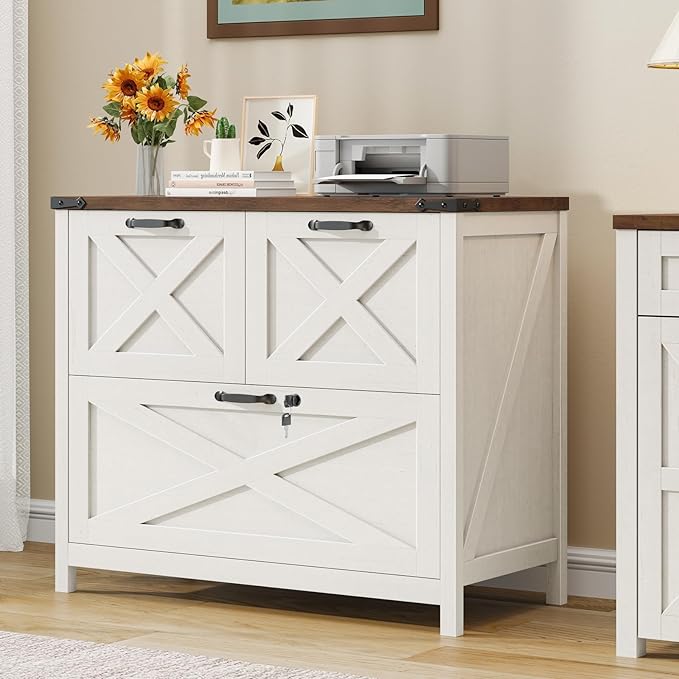 Lateral File Cabinet with 3 Drawers, Farmhouse File Cabinet with Lock for Letter/Legal/A4 Size Hanging Files, Wood File Storage Cabinets Printer Stand for Home Office Cabinets, Rustic White and Brown