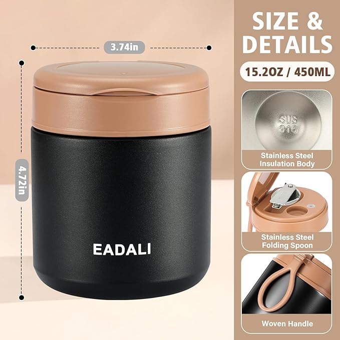 Eadali 15.2oz Kids Food Jar for Hot Food – Vacuum Insulated Lunch Container with 316 Stainless Steel Interior, Leakproof Wide Mouth & Foldable Spoon for School Meals
