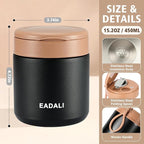 Eadali 15.2oz Kids Food Jar for Hot Food – Vacuum Insulated Lunch Container with 316 Stainless Steel Interior, Leakproof Wide Mouth & Foldable Spoon for School Meals