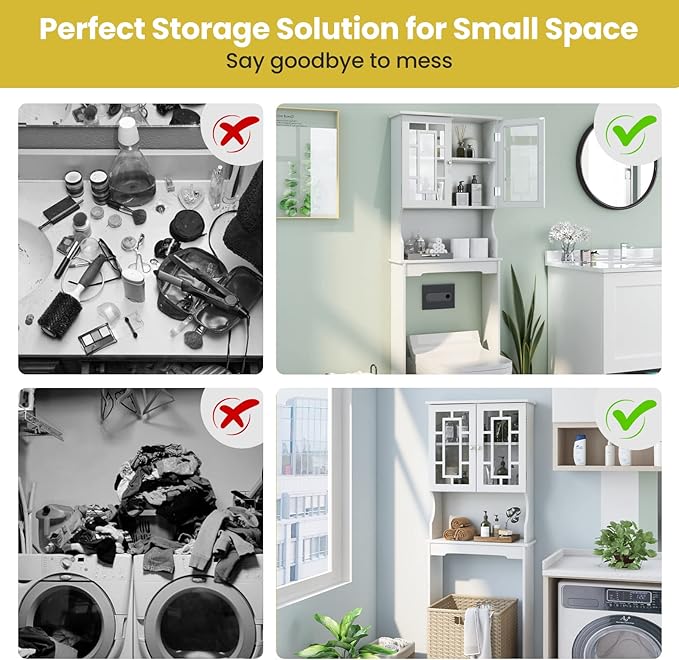 Giantex Over The Toilet Storage Cabinet, Above Toilet Bathroom Organizer with Tempered Glass Doors & Adjustable Shelf, Freestanding Space Saver Rack for Restroom, Laundry