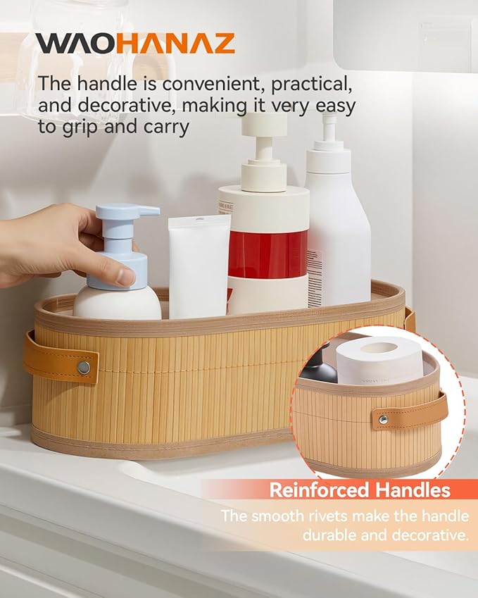 Toilet Paper Storage Basket Bathroom Counter Organizer Bamboo Baskets for Organizing, with Lid & Handels-Decorative Storage Set, 4-Pack