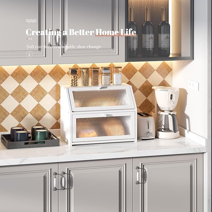 Bread Box for Kitchen Countertop Bin Double Layer Bread Box Storage Container Extra Large Capacity Farmhouse with Diamond Pattern Windows (White, Large)