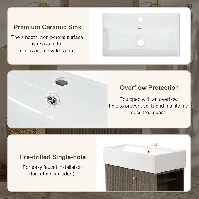21.6" Small Fluted Bathroom Vanity with Sink,Soft Closing Doors and Storage Shelves,Natural Wood Single Bathroom Sink Cabinet Combo Freestanding,Dark Grey