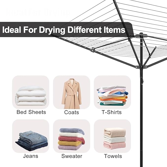 Heavy Duty Outdoor Umbrella Drying Rack, 12 Lines with 165 Feet Drying Space, Steel Frame & Adjustable Height, 4-arm Umbrella Clothesline for Laundry, Collapsible Clothes Drying Rack for Backyard