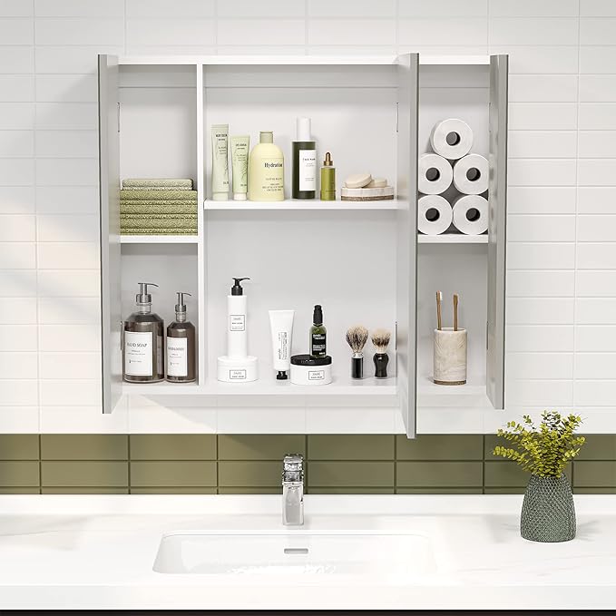 DICTAC Medicine Cabinet with Mirror & Storage - 27.6x23.6in Wall Mounted Cabinet with 3 Doors & Adjustable Shelves for Bathroom, Living Room, Kitchen - White