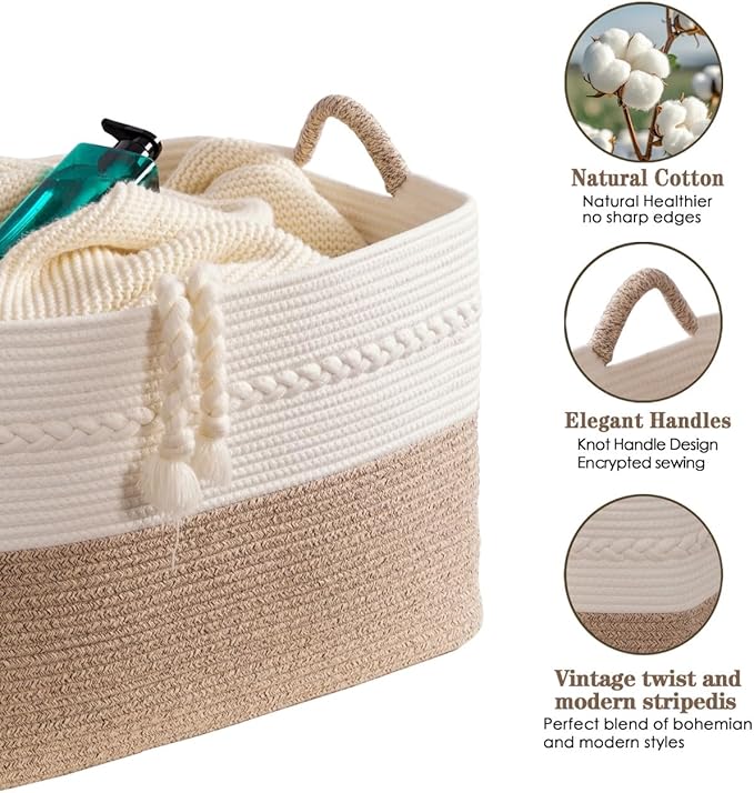 Extra large laundry basket woven from natural cotton rope with handles storage blankets for living rome big decorative quilted baskets for clothes toys pillows hamper 24"x16"x14" black