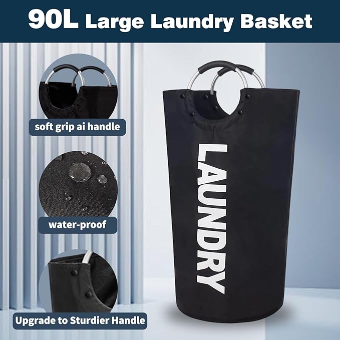 90L Laundry Basket Waterproof 600D Oxford Fabric Modern Collapsible Laundry Hamper for Easy Storage, with Padded Handles, Stands Up Well Heavy‑Duty Laundry Bag for Clothes(1PC)