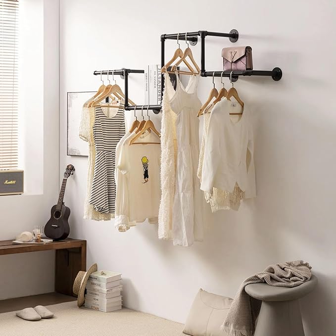 Industrial Pipe Clothing Rack with Floating Shelves, 2 Hanging Rods Wall Mounted Garment Rack, Heavy Duty Iron Clothes Bar, Space-Saving Clothing Hanging Rails for Closet (2 hanging rods 1 shelf)