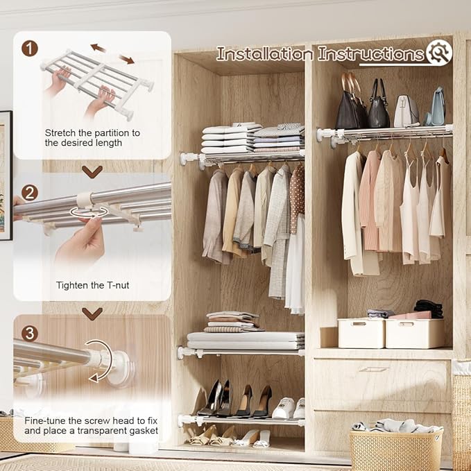 Hershii Tension Shelf Expandable Rod Closet System Heavy Duty Clothes Hanger Adjustable DIY Storage Organizer Freestanding Partitions Shoe Rack