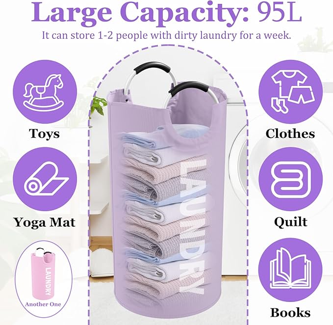 2Pcs 95L Purple + Pink Laundry Basket, Folding Laundry Hampers for Women with Soft Handles, Freestanding Dirty Clothes Basket, Sturdy Oxford Fabric Clothes Hampers for Travel, Dormitory