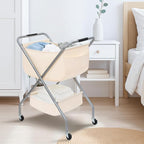 STORAGE MANIAC Collapsible Laundry Cart with Wheels 31.5"H Rolling Laundry Hamper Clothes Basket with Wheels, Canvas Liner Sturdy Steel Frame Folding for Small Narrow Space Easy Storage, Beige