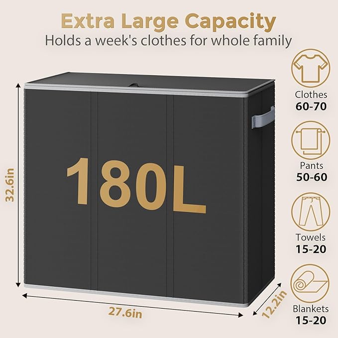 180L Laundry Hamper 3 Section, Large Laundry Hamper with Lid, Dirty Clothes Hampers with Handles, Laundry Basket Organizer for Laundry, Bedroom, Bathroom, Laundry Sorter Baskets, Black