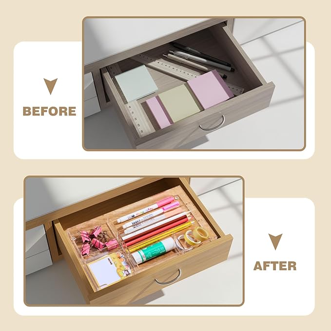 Clear Acrylic Desk Drawer Organizer 11 x 6.1 x 1.38 Inch Storage Tray Organizer for Pens, Stationery, Desktop, Office, Bathroom, Kitchen, Makeup Supplies (6 Compartments)