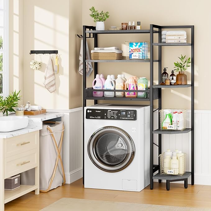 K1 Heavy Duty 7-Tier Over The Toilet Storage（with Basket and Paper Hook） Freestanding Above Toilet Shelf with Adjustable Feet，Space Saver Bathroom Shelves 9.3" D x 33.5" W x 63.8" H，Grey
