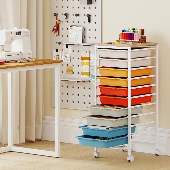 GOFLAME 10-Drawer Rolling Storage Cart, Craft Storage Cart with Wooden Tabletop and Lockable Wheels, Art Cart Supply Storage Organizer with Metal Frame for Home Office Classroom, Macaron Color