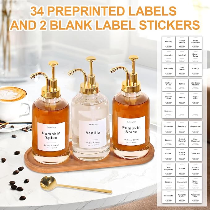 Coffee Syrup Dispenser for Coffee Bar, 16.9oz 500ml Glass Syrup Dispenser w Golden Coffee Scoop, Coffee Syrup Pump Dispenser w 36 Labels and Bamboo Tray, Coffee Syrup Bottles with Golden Pump, 3PCS