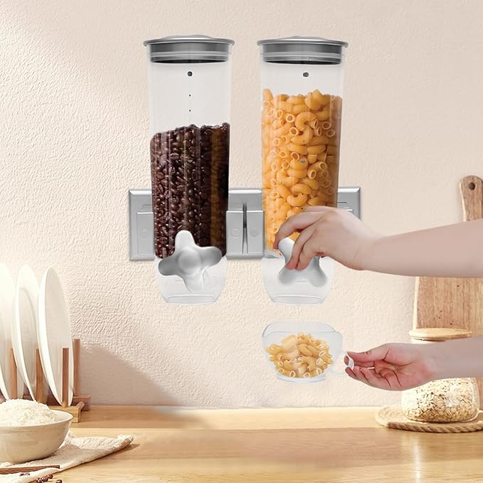 2 Pack 3L/101oz Food Dispenser Wall Mounted Grain Dispenser with 2 Cups Candy Storage Container Double Dry Food Dispensers Wall Mount for Coffee Beans, Nuts, Rice, Millet, Beans (Silver)