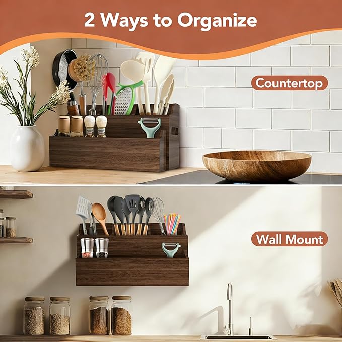 Wooden Utensil Holder for Kitchen Counter, Large Divided Utensil Crock with Removable Compartments, Farmhouse Cooking Utensil Organizer with Spoon Rest & Wall Mount Option
