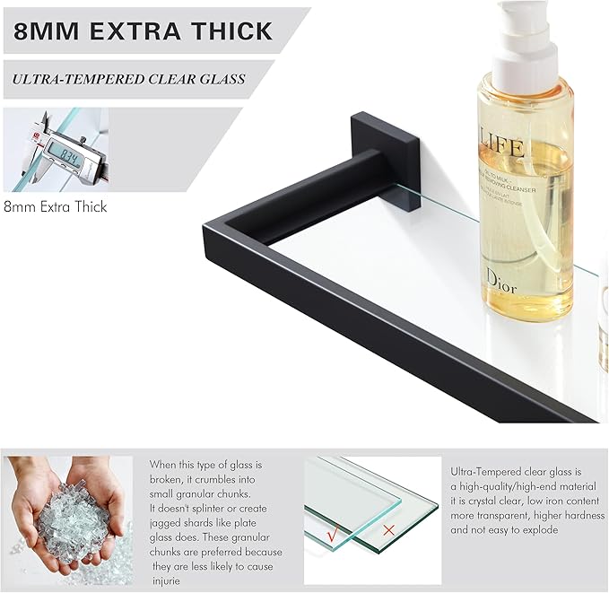 Bathroom Shelf, Glass Shelf for Bathroom, 22.32 Inch Large, 8mm Extra Thick Tempered Glass Shelves Wall Mounted, Square Modern Rectangular, Matte Black,No Assembly, 071090-MB
