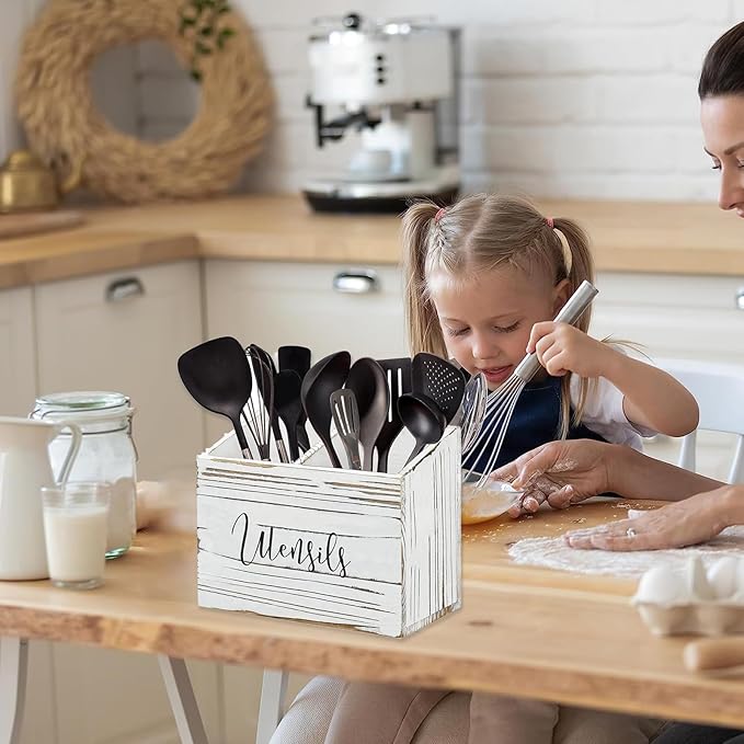 Utensil Holder with 2 Compartments, Utensil Caddy for Kitchen Counter, and Storage for Silverware Fork Spoon Spatula (White)
