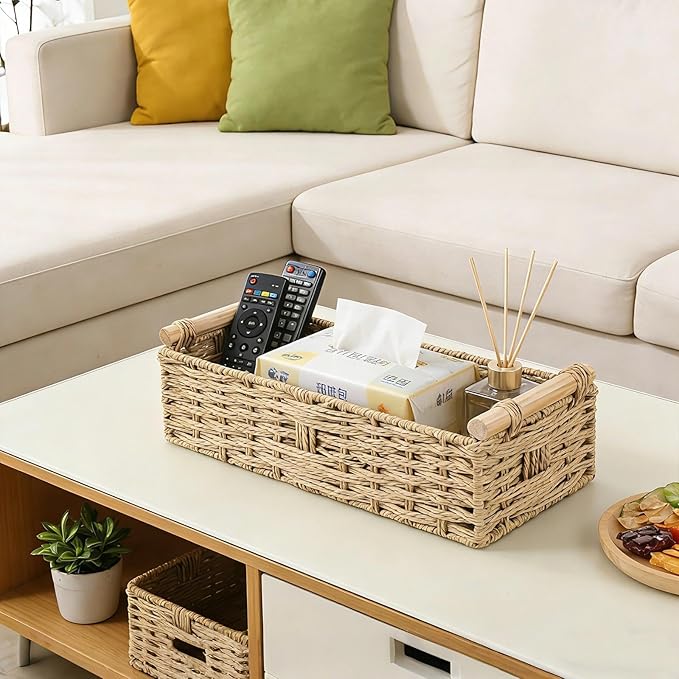 2 PCS Toilet Paper Storage Basket, Paper Rope Imitation Wicker Bathroom Baskets for Toilet Tank Basket with Handles for Desk, Shelf, Countertop, Boho Coastal Bathroom Decor Beige