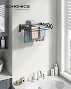 SONGMICS Clothes Drying Rack, Wall-Mounted Drying Rack Clothing, Small Accordion Laundry Rack, 9 Staggered Hanging Rods, Expandable and Retractable, Ink Black ULLR802B01